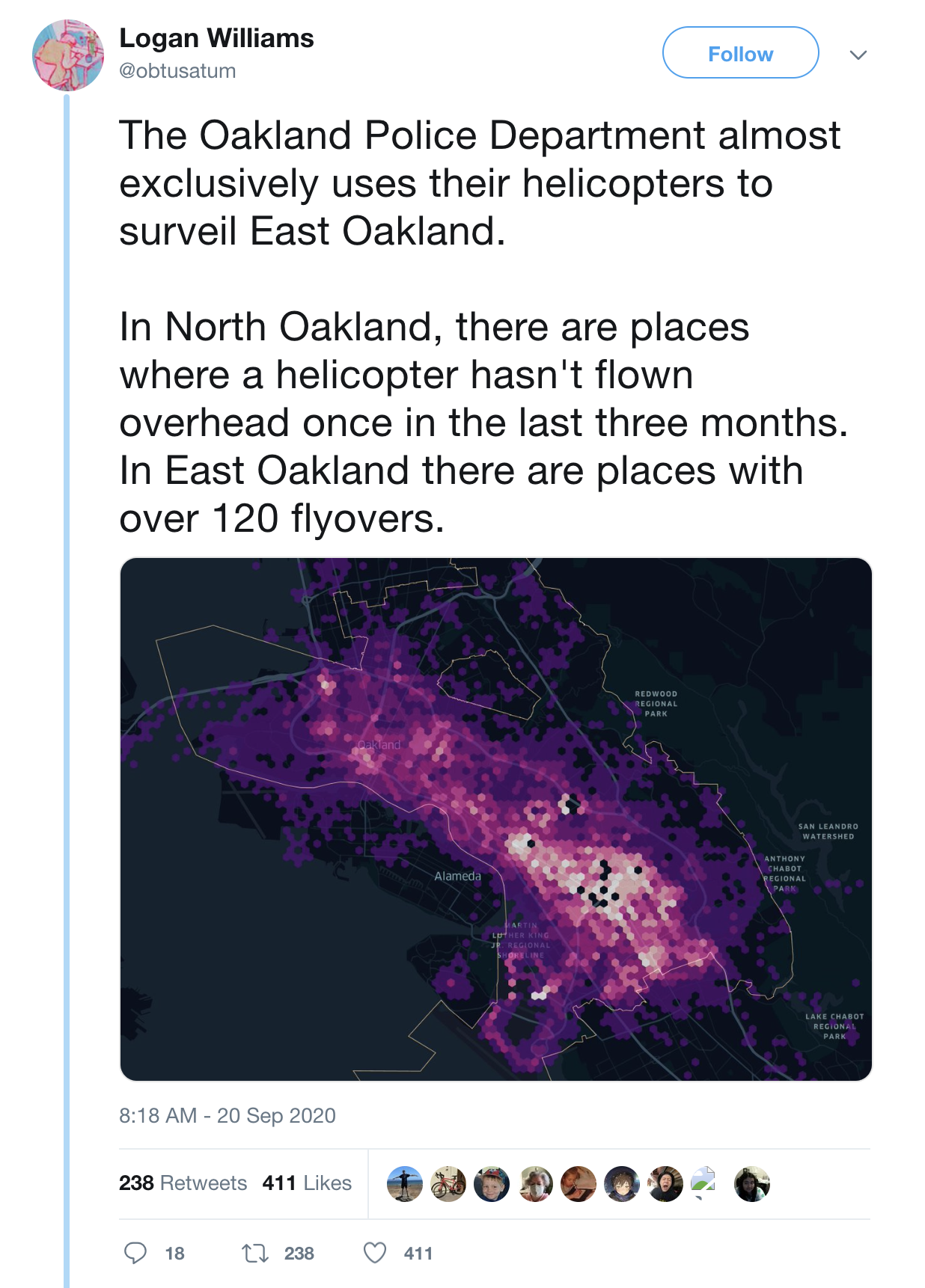 a screenshot of a tweet showing geographic inequity in use of police helicopters in Oakland, California