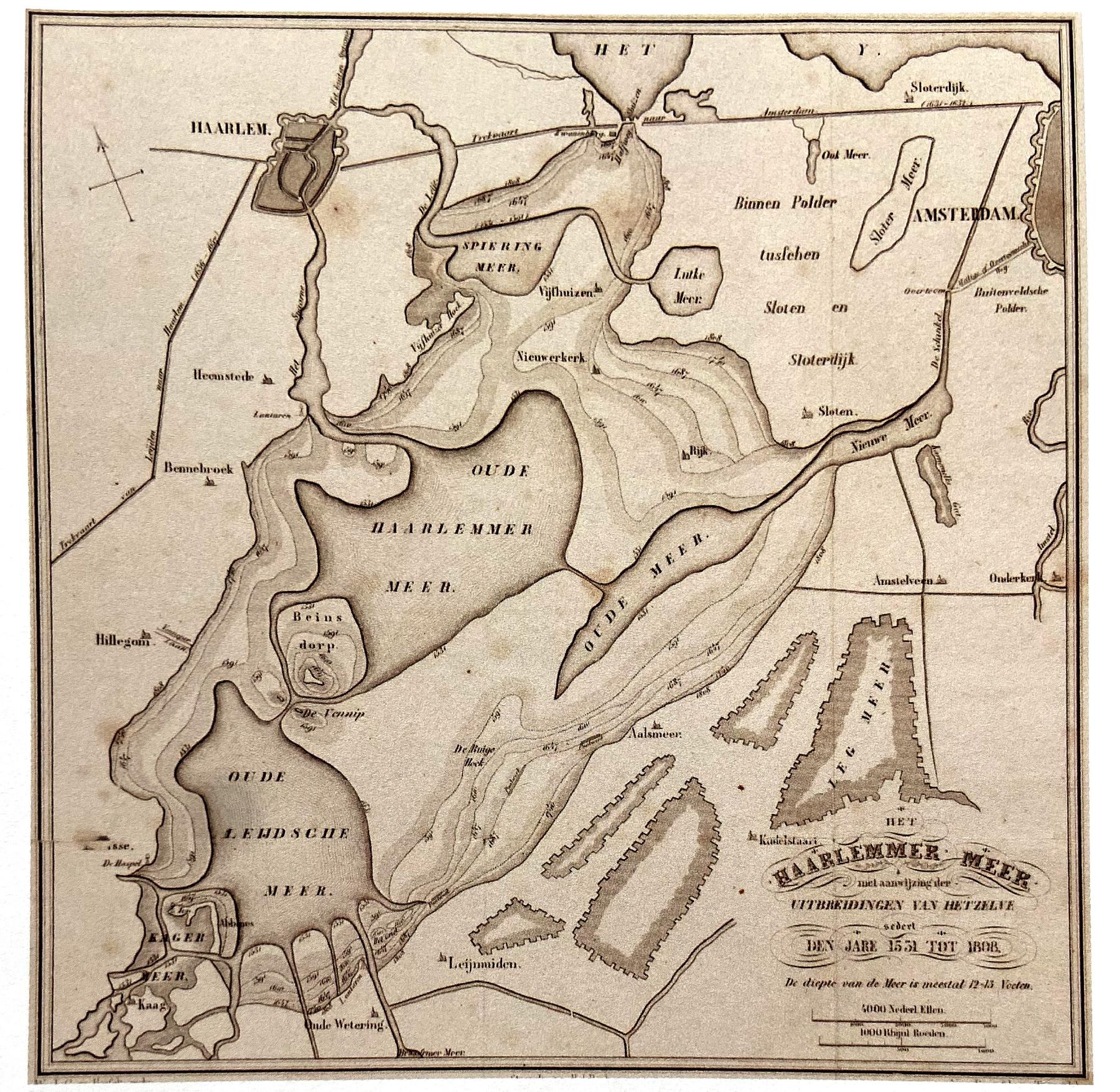 A map of the growth of Harlermermeer from the 15th to the 19th century, where it has tripled or more in size.