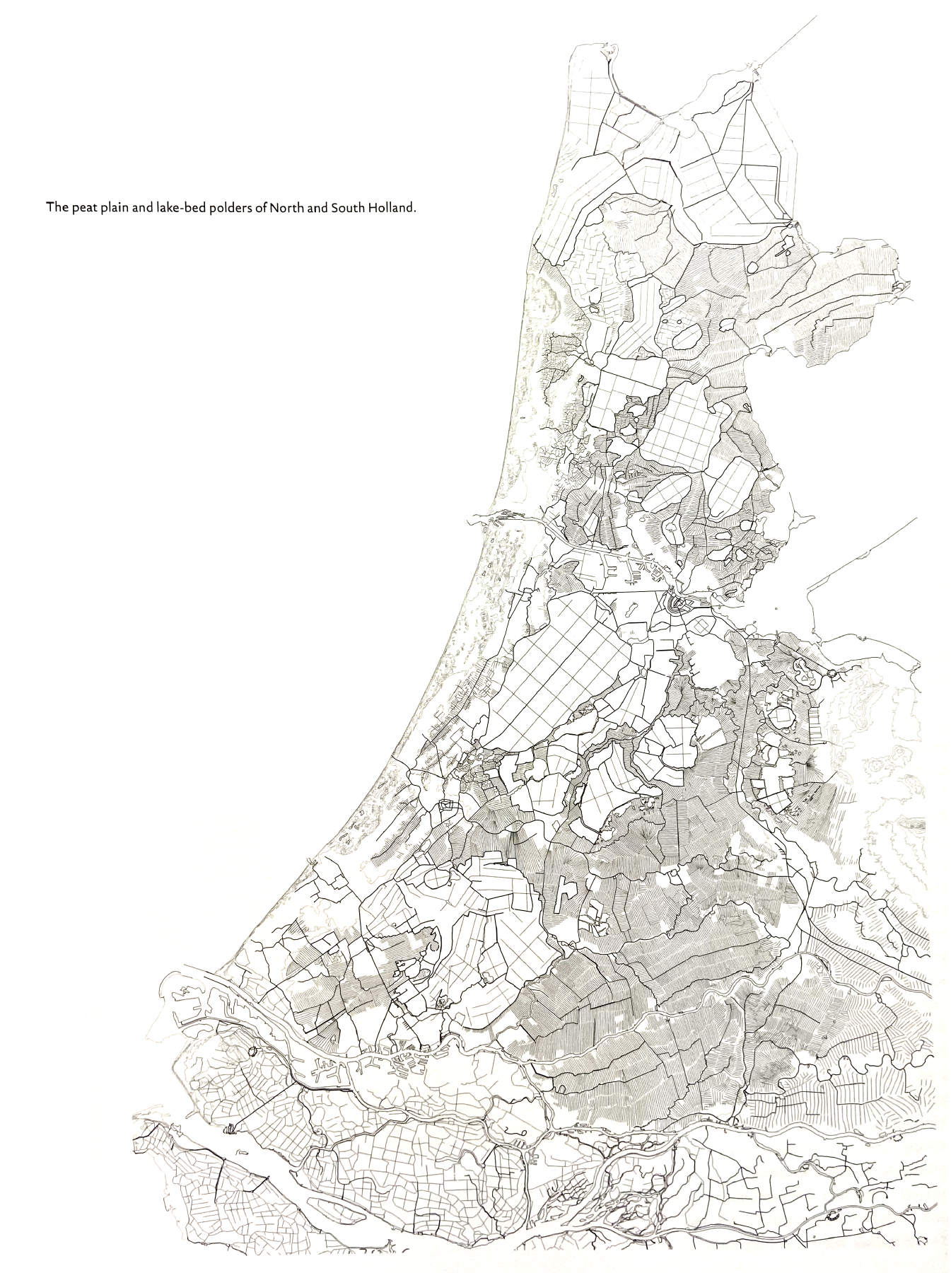 A map of North and South holland showing regions of peat marsh and regions of former lakes