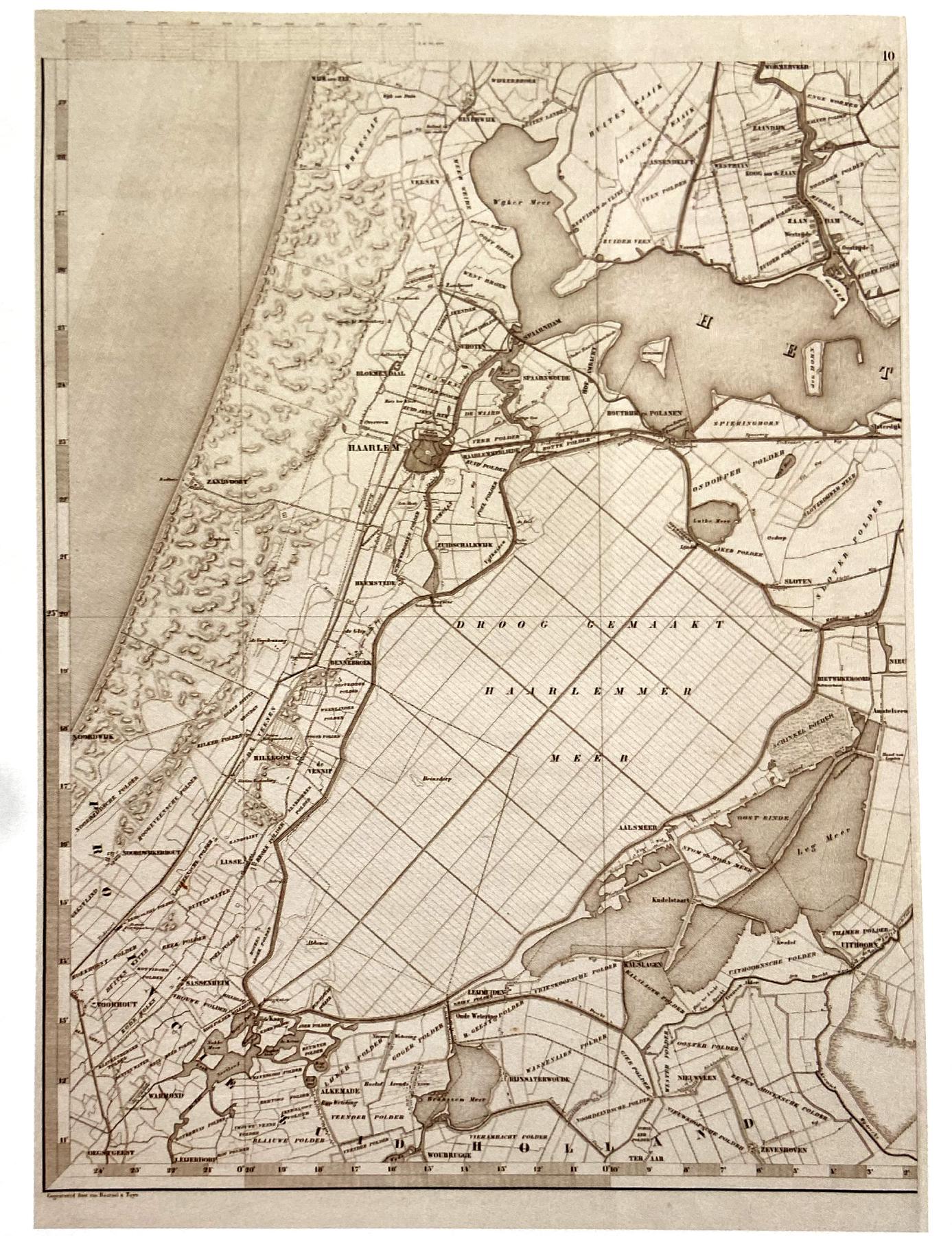 A map of the newly drained Harlemermeerpolder, showing the contrast between small scale peat reclamation around the edges of the polder and the master planned lines of the polder itself.