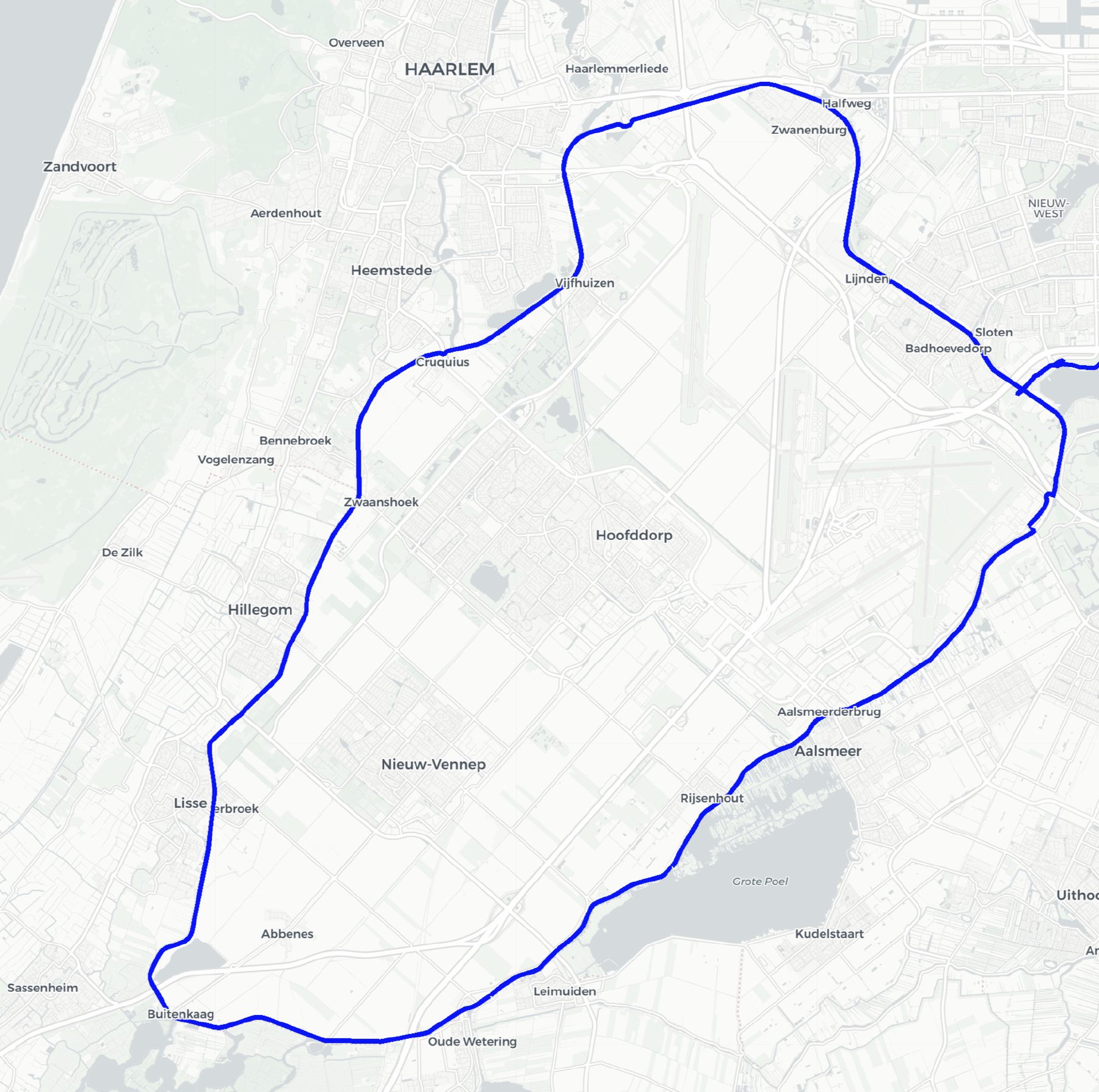 A map of a bike ride around the Harlemermeerpolder