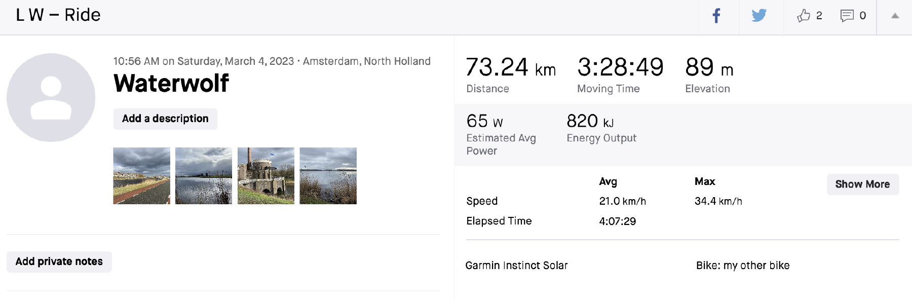Strava screenshot with a ride called Waterwolf of 73 km