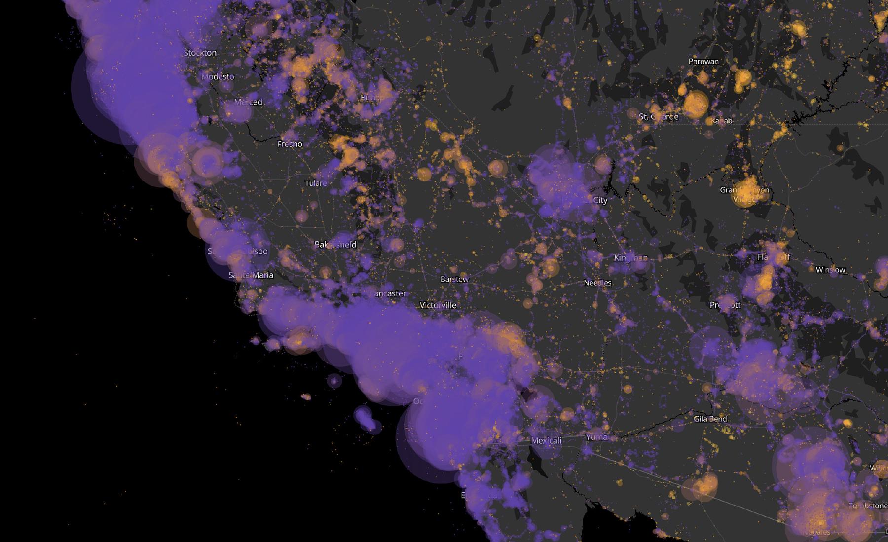 A map of iNaturalist observations in California highlighting observations by 'tourists' and 'locals'