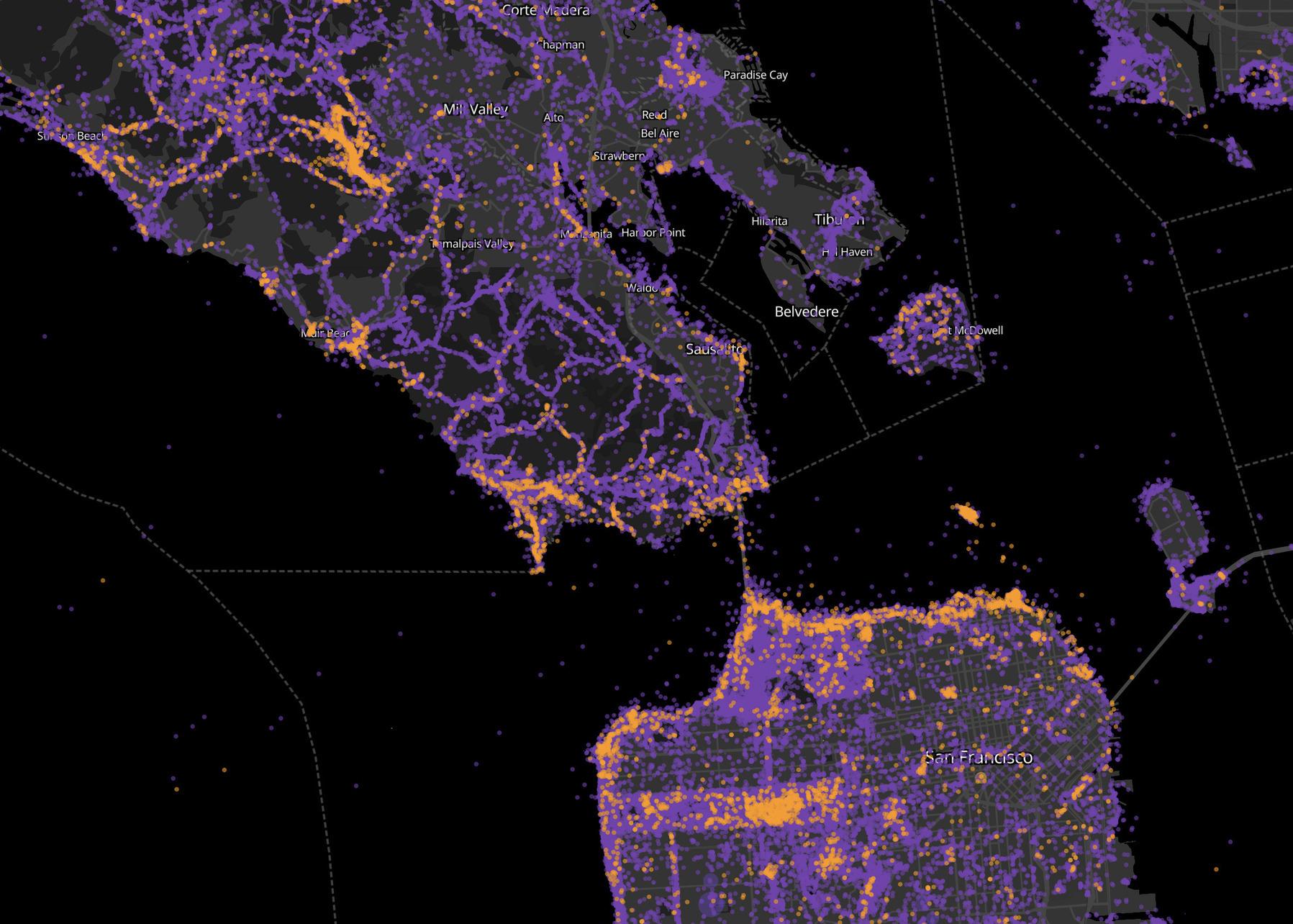 A map of San Francisco highlighting observations by 'tourists' and 'locals'