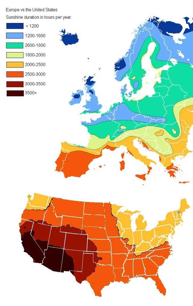 a map of the annual sunshine hours in the US and Europe.