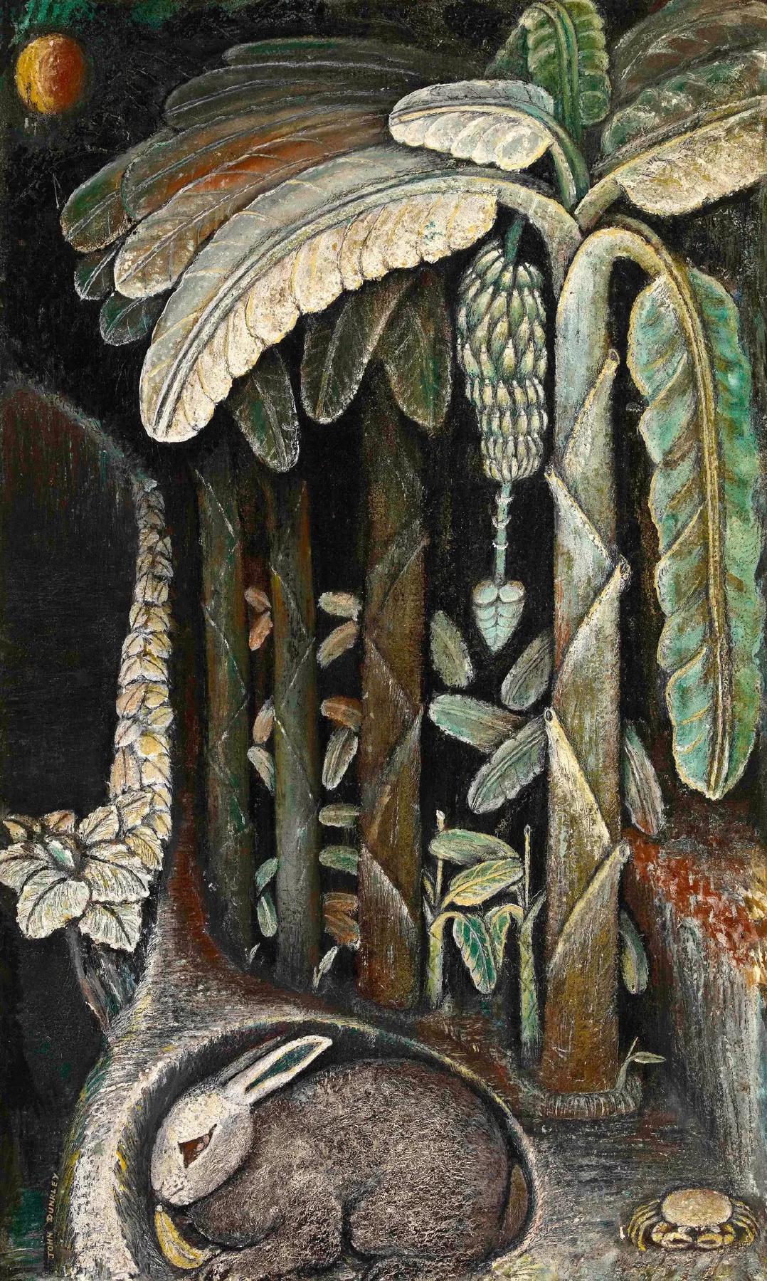 a painting by John Dunkley, depicting a scene on a banana plantation, mostly in dark colors. a rabbit and a crab shelter in the foreground 