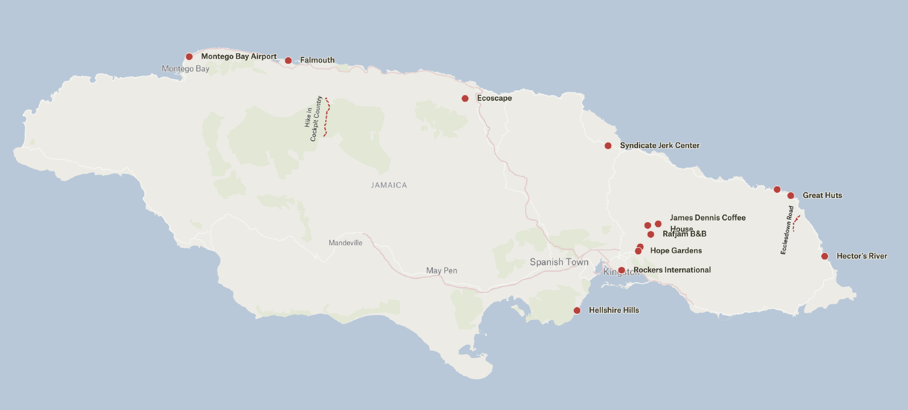 a map of Jamaica highlighting some places from this trip
